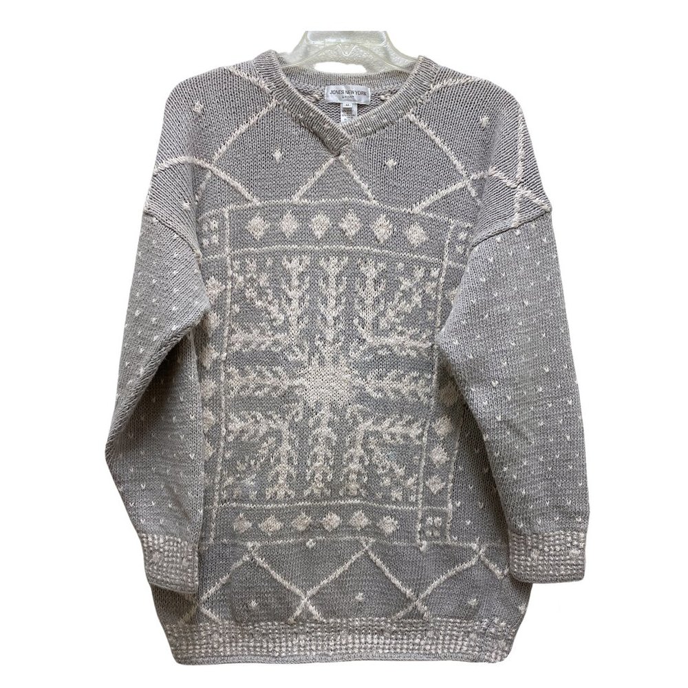 Vintage Jones New York Women's Size M, V-Neck, Pullover Grey White Sweater